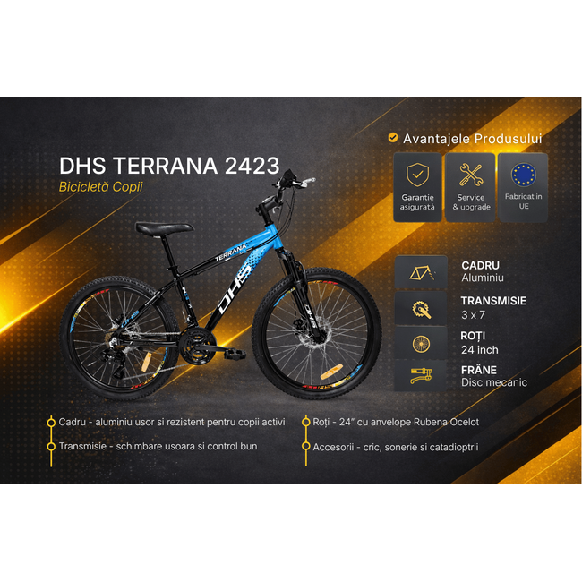 Bicicleta Copii Dhs Terrana 2423, model 2026 - 24 Inch, Albastru-Negru