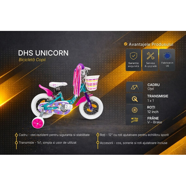 Bicicleta Copii DHS Unicorn - 12 Inch, Albastru/Roz