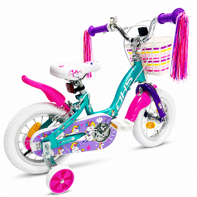Bicicleta Copii DHS Unicorn - 12 Inch, Albastru/Roz