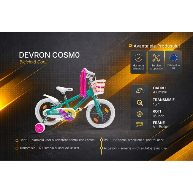 Bicicleta Copii Devron Cosmo - 16 Inch, Turcoaz
