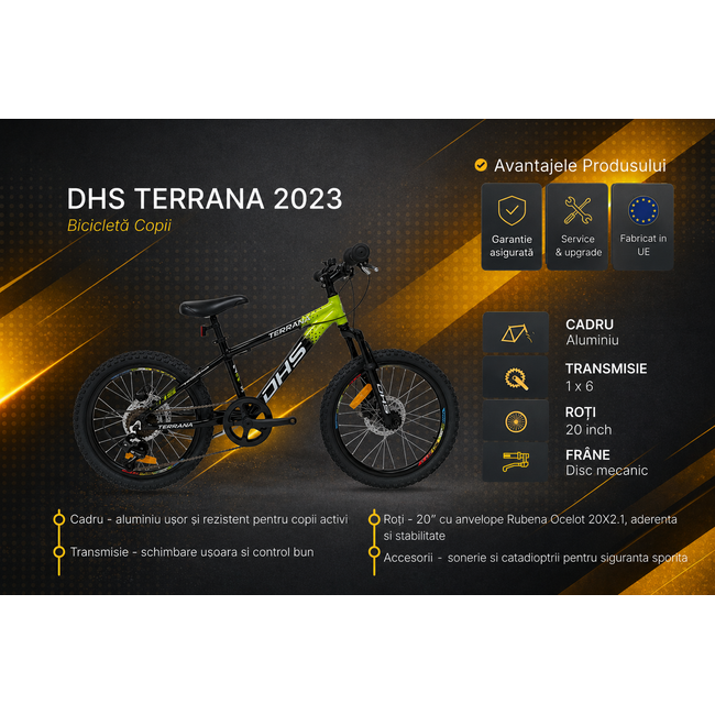 Bicicleta Copii Dhs Terrana 2023B, model 2026 - 20 Inch, Negru-Verde