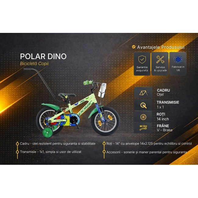 Bicicleta Copii Polar 2024 Dino - 14 Inch, Verde