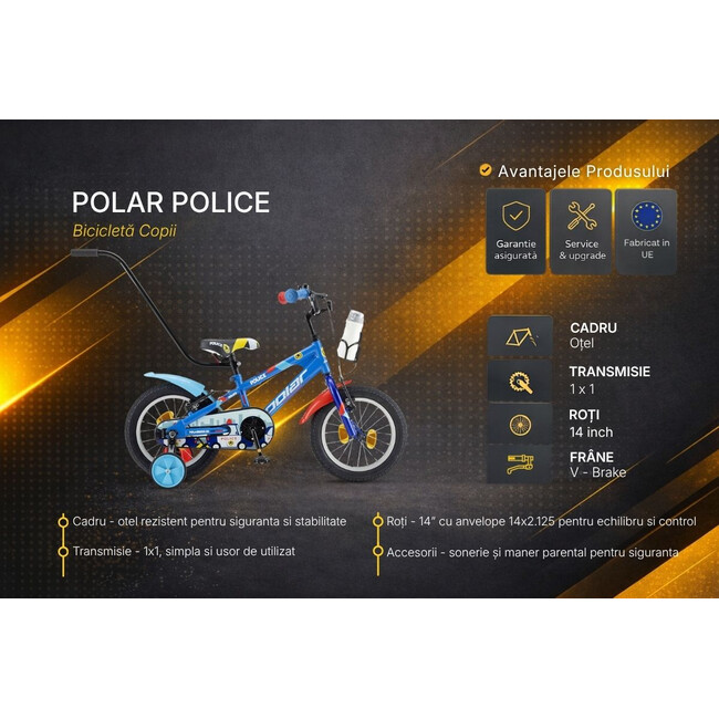 Bicicleta Copii Polar 2024 Police - 14 Inch, Albastru