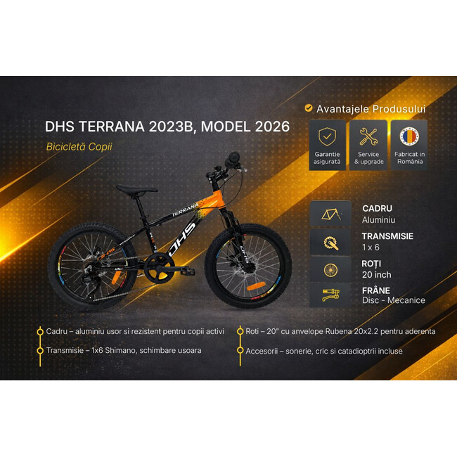 Bicicleta Copii Dhs Terrana 2023B, model 2026 - 20 Inch, Portocaliu-Negru