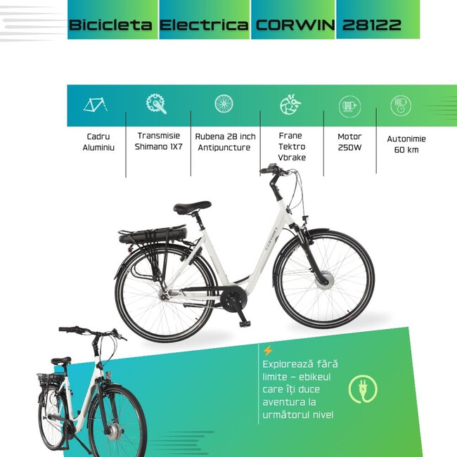Bicicleta Electrica Corwin 28122 - 28 Inch, 530mm, Alb