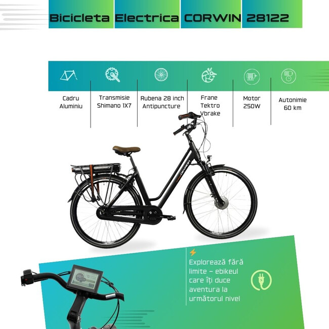 Bicicleta Electrica Corwin 28122 - 28 Inch, 530mm, Negru