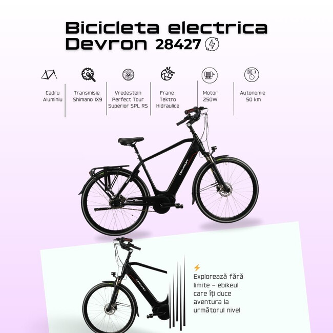 Bicicleta Electrica Devron 28427 - 28 Inch, M, Negru - Disc Brake