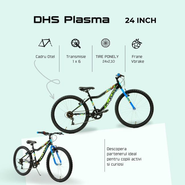 Bicicleta Copii DHS Plasma - 24 Inch, Negru-Albastru