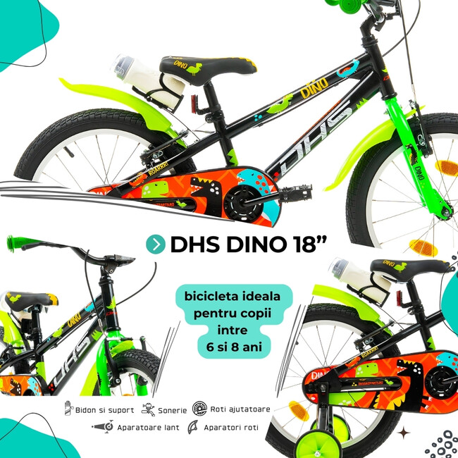 Bicicleta Copii DHS Dino - 18 Inch, Negru