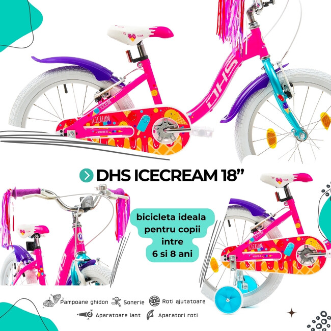 Bicicleta Copii DHS Icecream - 18 Inch, Roz