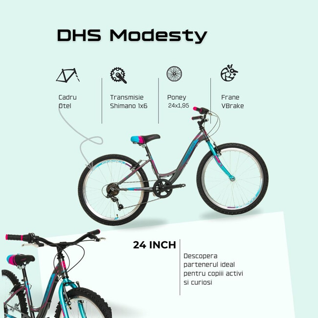 Bicicleta Copii DHS Modesty - 24 Inch, Gri