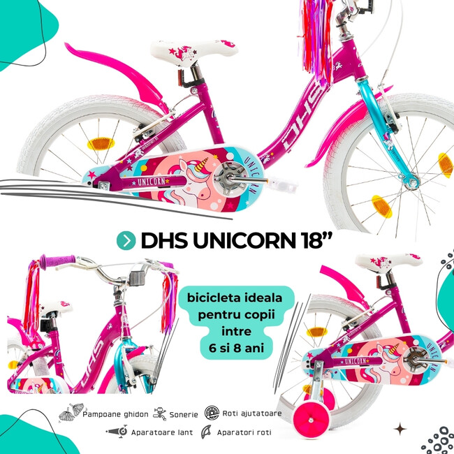 Bicicleta Copii DHS Unicorn - 18 Inch, Roz/Albastru