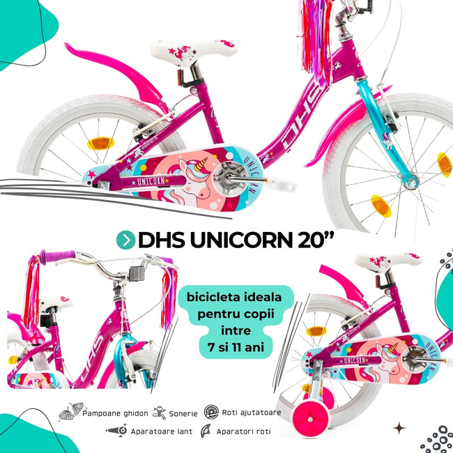 Bicicleta Copii DHS Unicorn - 20 Inch, Roz/Albastru