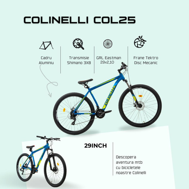 Bicicleta MTB Colinelli COL25, Marimea M, 29 inch, Albastru, Schimbator Shimano ST-EF500 EZ-FIRE PLUS, 24 Viteze, Cadru Aluminiu, Frane pe Disc