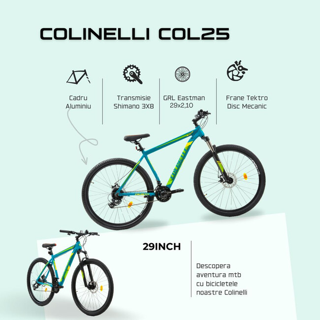 Bicicleta MTB Colinelli COL25, Marimea M, 29 inch, Verde, Schimbator Shimano ST-EF500 EZ-FIRE PLUS, 24 Viteze, Cadru Aluminiu, Frane pe Disc
