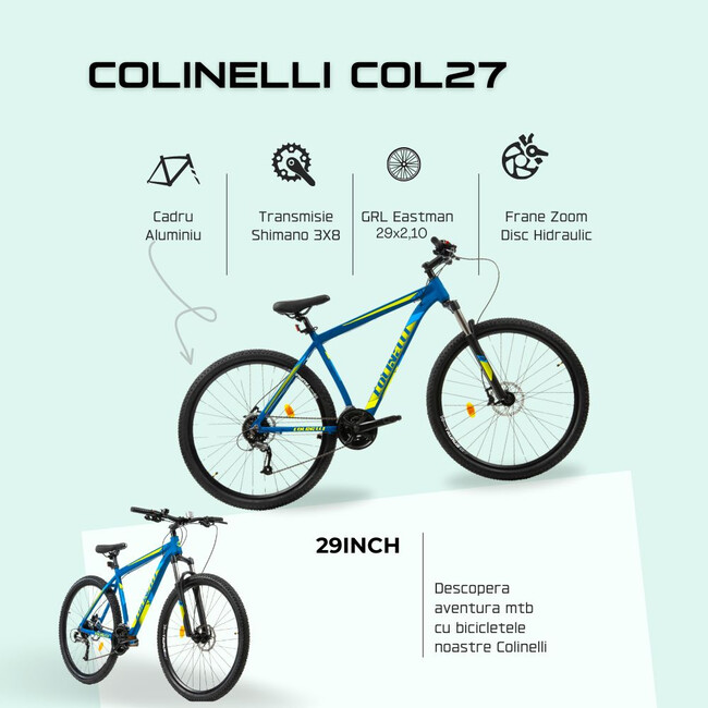 Bicicleta MTB Colinelli COL27, Marimea M, 29 inch, Albastru, Schimbator Shimano Altus, 24 Viteze, Cadru Aluminiu, Frane pe Disc