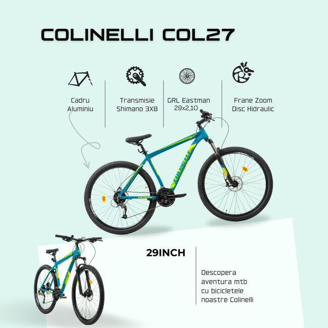 Bicicleta MTB Colinelli COL27, Marimea M, 29 inch, Verde, Schimbator Shimano Altus, 24 Viteze, Cadru Aluminiu, Frane pe Disc