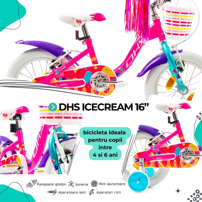 Bicicleta Copii DHS Icecream - 16 Inch, Roz