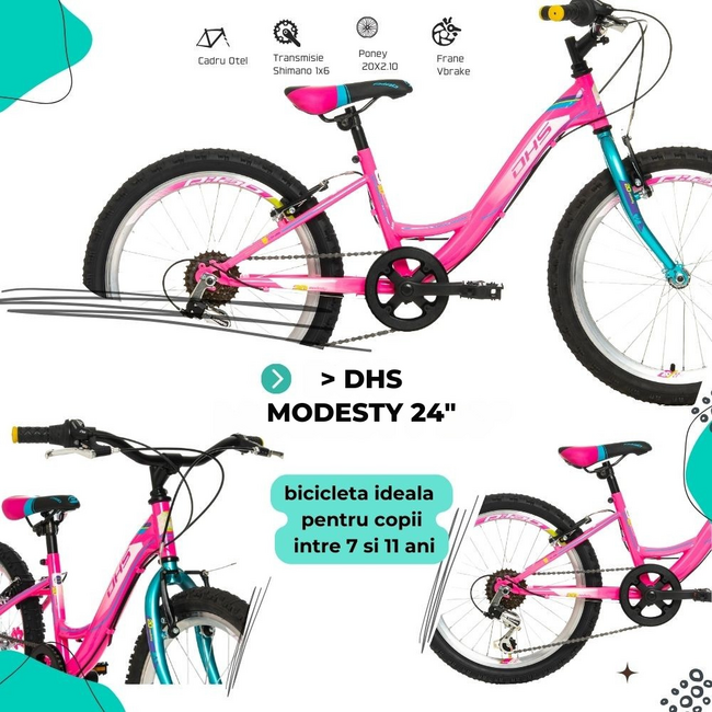 Bicicleta Copii DHS Modesty - 24 Inch, Roz