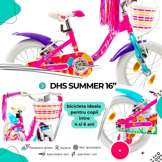 Bicicleta Copii DHS Summer - 16 Inch, Roz